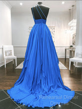 One Shoulder Blue Backless Long Semi Formal Prom Dresses, Open Back Blue Long Formal Evening Dresses